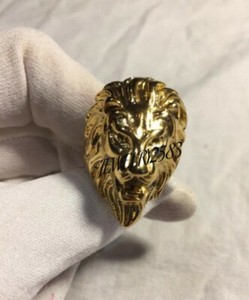 Authentic Solid Metal Men's Angry Wolf Face Ring 14k Yellow Gold Plated Silver Free Stud