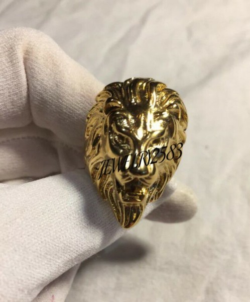 Alternate view of Solid Men's Angry Wolf Face Ring 14k Yellow Gold Plated Silver Free Stud