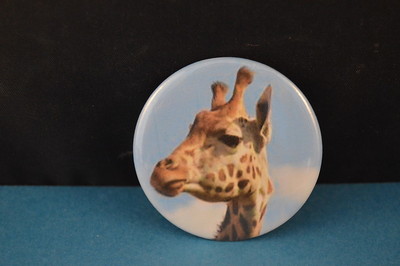 GIRAFFE BUTTON  Close-Up  pin  APRIL pinback 2 1/4''  badge NEW!  Big  ADORABLE! 
