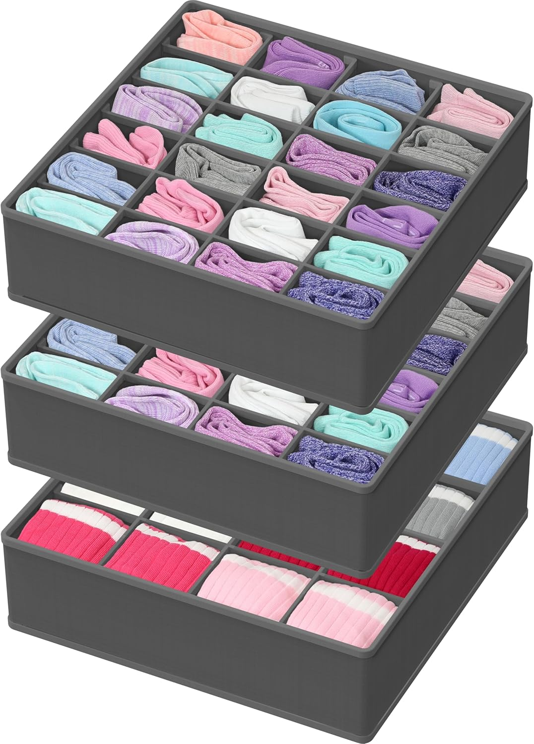 Sock Drawer Organizer for Dresser/Closet/Bedroom, 3 Pack, Dark Gray-image