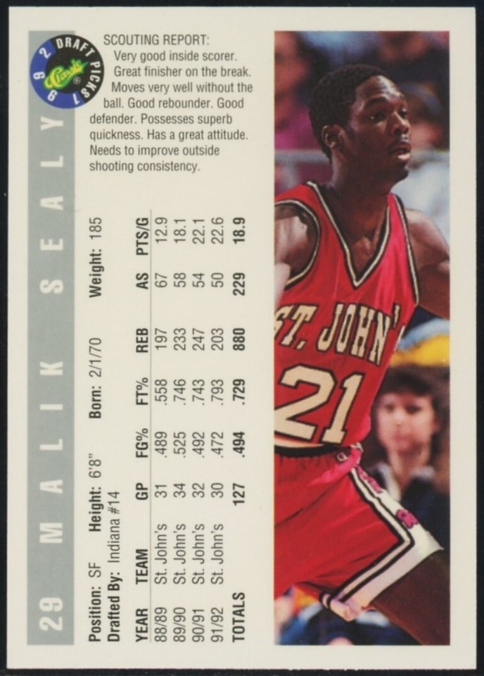 1992-93 Classic Draft Picks Malik Sealy Rookie Pacers Timberwolves #29 ...