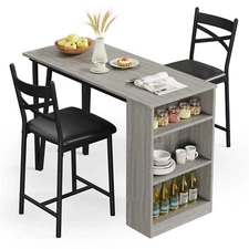 3-Tire Dining Set Bar Table and 2 Height Chairs Wood Top for Small Space Kitchen