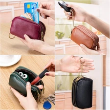 Womens Short Wallet Three Zipper Coin Purse Genuine Leather Change Purse Clutch