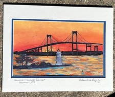 Newport Harbor Lighthouse Art Print Pell Bridge Naval war college sunset gift RI