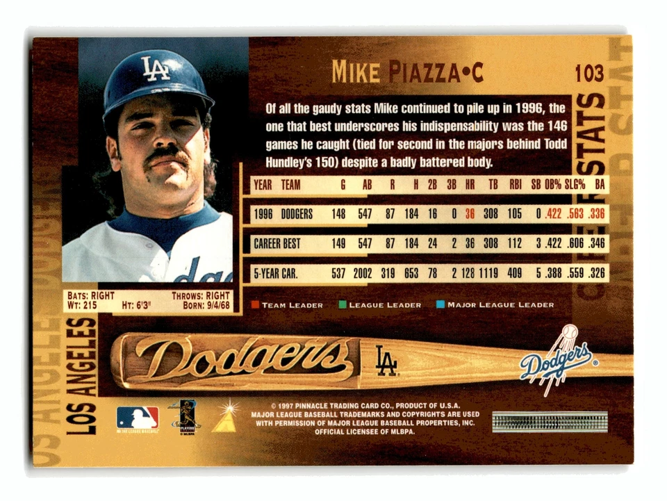 Mike Piazza 1997 Pinnacle #103 HOF Los Angeles Dodgers Mint - Image 2 of 2