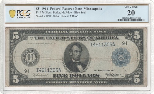 1914 $5 Federal Reserve Note Minneapolis FR 876 PCGS VF 20