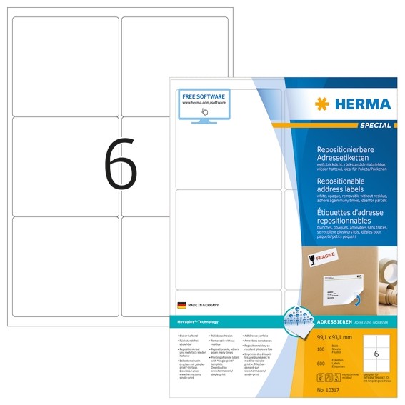 Herma 10317 Repositionierbare Adressetiketten A4 99,1X93,1 Mm Weiß Movables Papi-image