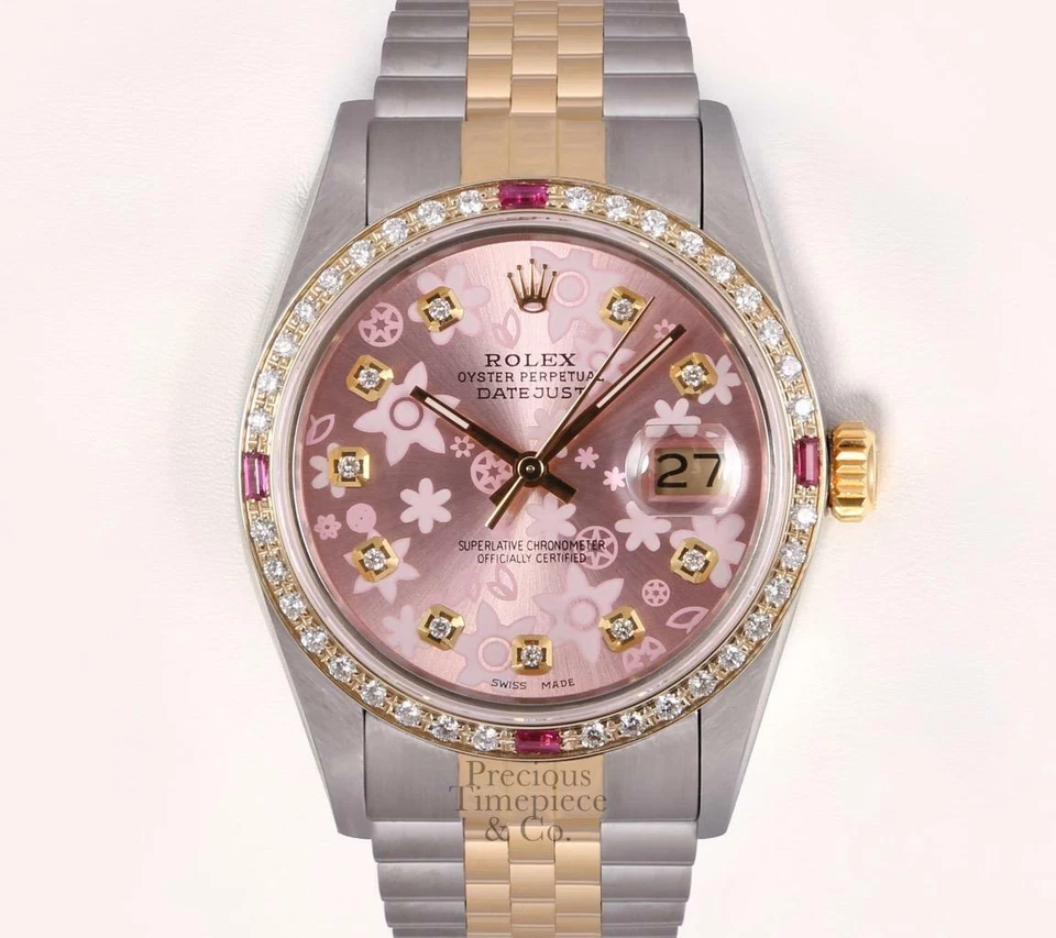 Rolex Datejust 36mm TT/SS 18k Ruby Diamond Bezel-Diamond Pink Floral Motif Dial - Image 2 of 4