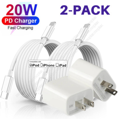 2 Pack 20W USB-C Power Adapter Fast Charger PD Cable For iPhone 14/13/12/11/iPad