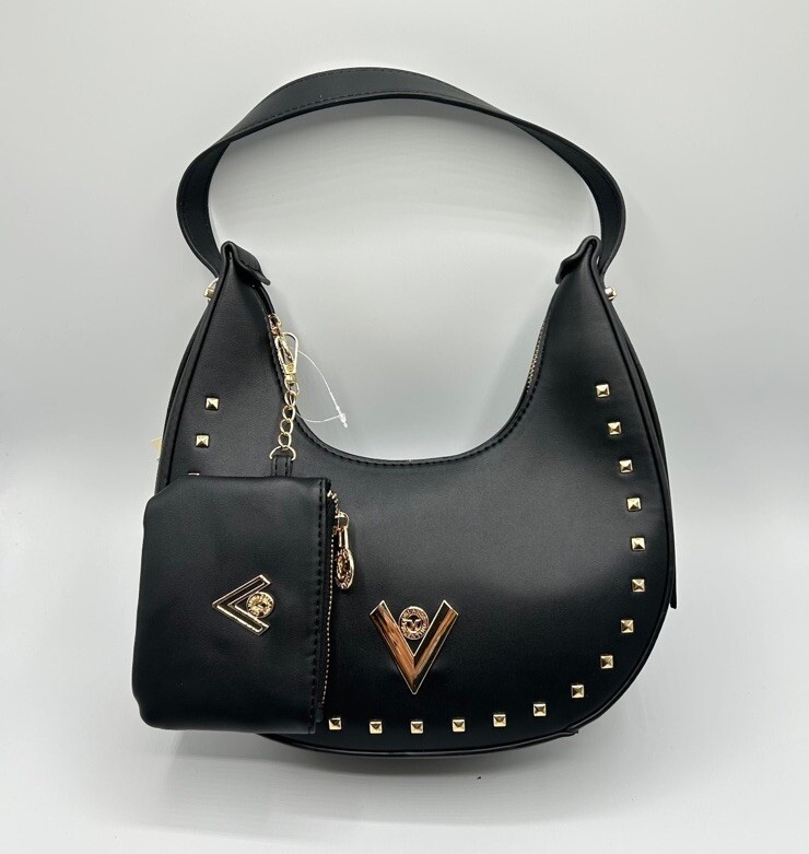 Valentino Orlandi Black Vegan Leather Shoulder Bag with Gold Studs and Matching Wallet