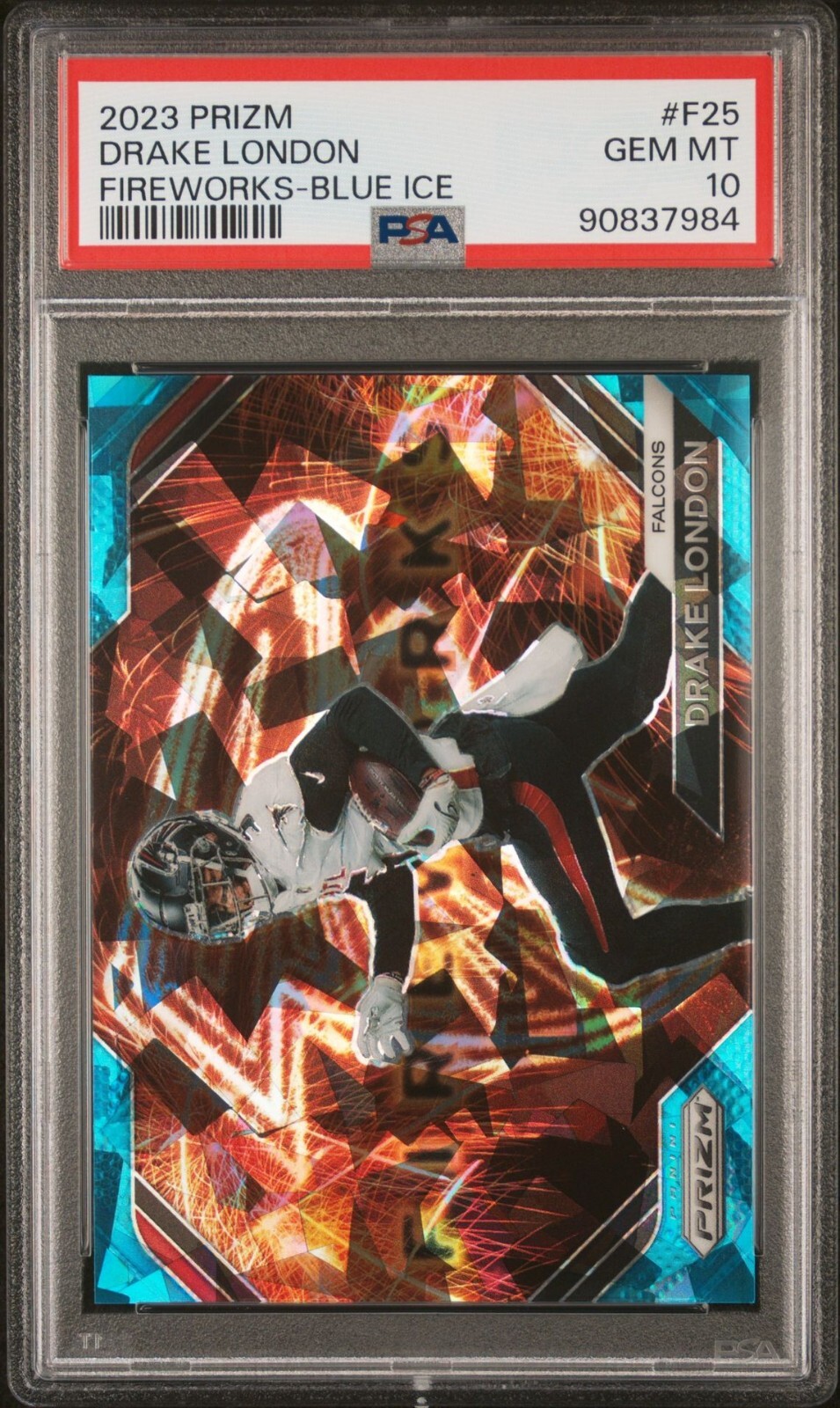 Drake London 2023 Panini Prizm Fireworks #F-25 Blue Ice /99 Falcons