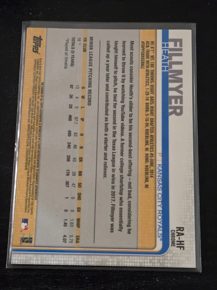 2019 Topps Chrome Rookie Auto Heath Fillmyer #RA-HF Auto RC Royals - Image 2 of 2