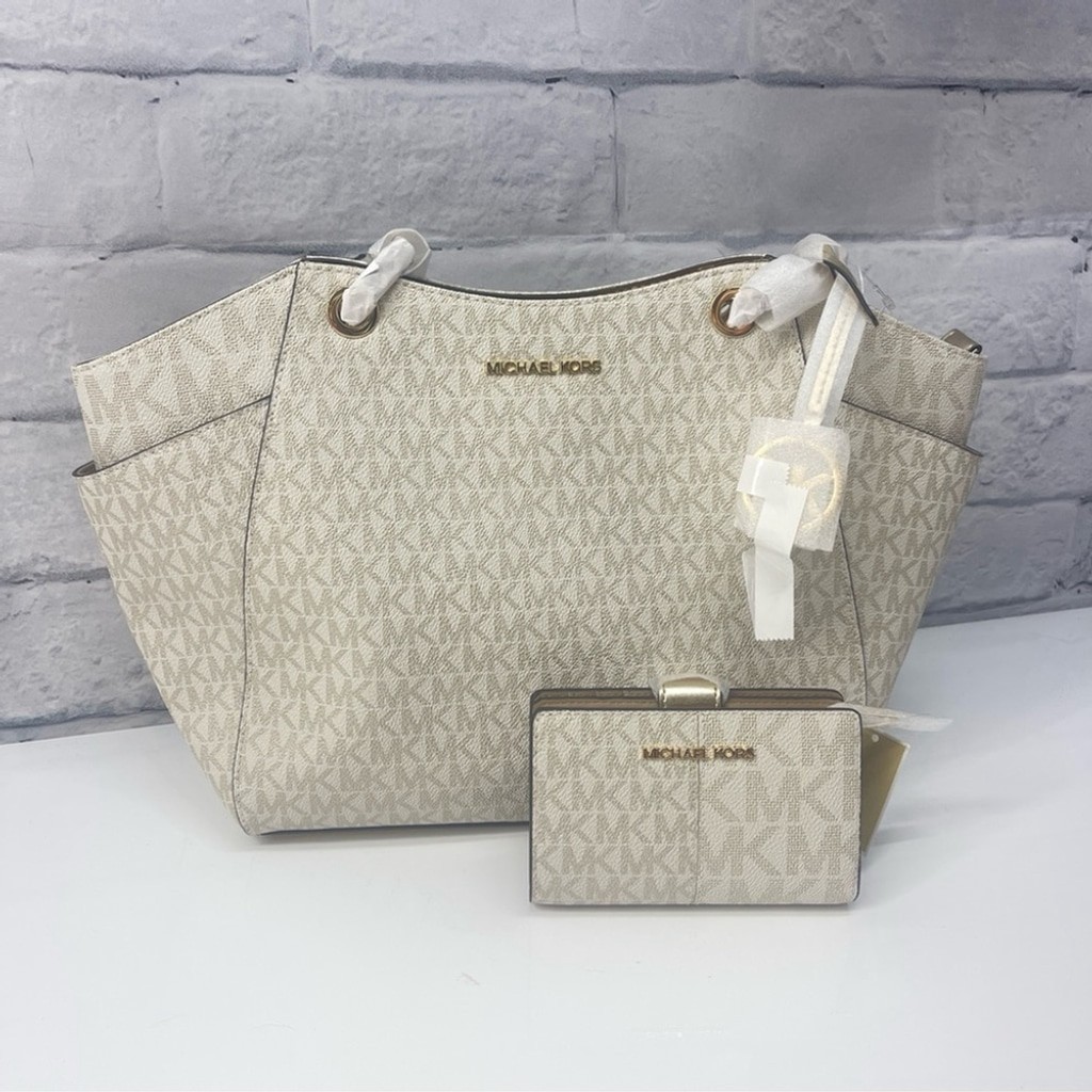 Michael Kors Chain Tote & Wallet Set MK Signature Logo Pale Gold/Cream