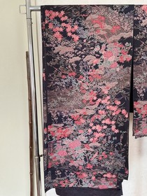 13"x64" Japanese  kimono silk fabric/ black, garden, birds, Chirimen Crepe RA47