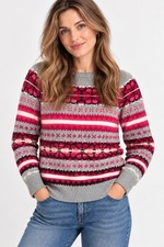 LOFT New Fair Isle Nordic Sweater Gray Pink Burgundy Crewneck Size MP