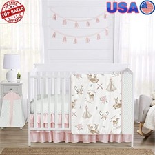 Boho Watercolor Deer Baby Crib Bedding Set 4 Piece Microfiber Machine Washable