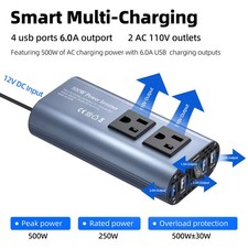 500W 12V to 110V Power Inverter USB Ports Car RV Camping Truck Charger