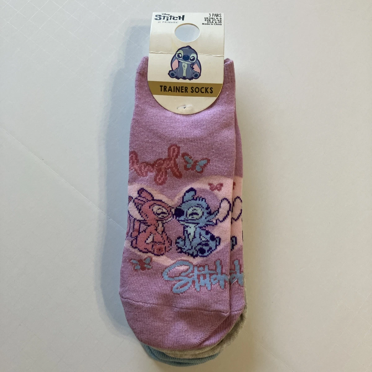 Conjunto de Calcetines Primark Stitch Angel Disney EE. UU. 6-10 Rayas Paquete de 3 Rosa Púrpura Nariz Nuevo