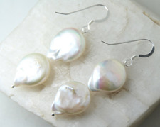 Pearl Earrings White 16mm Coin Pearls Natural 925 Sterling Silver 1 7/8" Bride