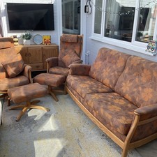 Light Wood Ercol 3 Seater Sofa 2 Gina swivel recliner arm Chairs 2 foot stools