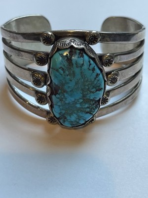 Vintage Sterling Silver Cuff Turquoise Bracelet Arrow Signed 98.6 Grams