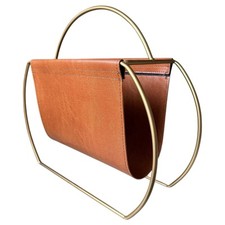 Faux Leather Sling Saddle Modern Floor Magazine Holder Rack Brass Gold Finish