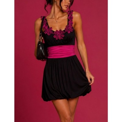 Mcbling Y2K Floral Embroidered Babydoll Bubble Dress Size Medium Black Glam