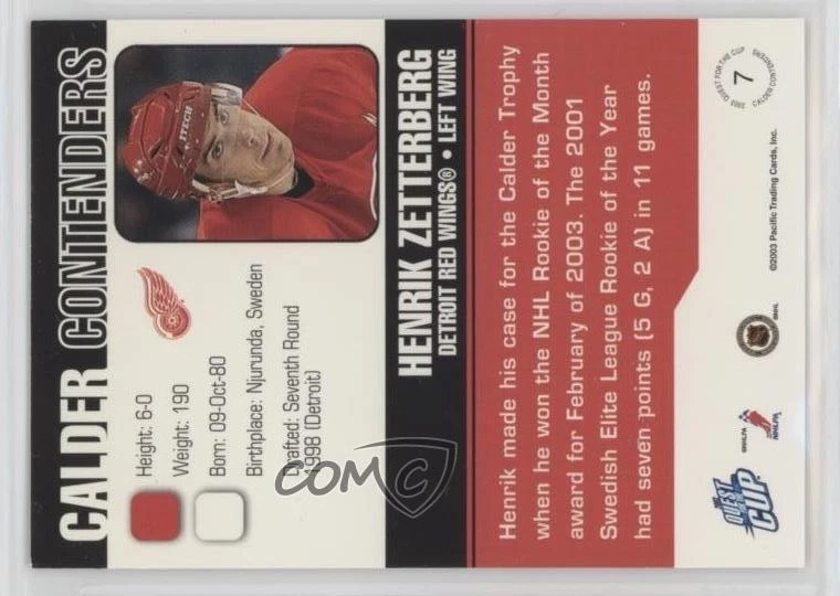 2002-03 Pacific Quest for the Cup Draft 2005 /500 Henrik Zetterberg #7 Rookie RC - Image 2 of 2