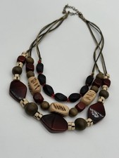 Vintage Handmade Multi Strand Tagua Nut Necklace Red Black Beige Beads