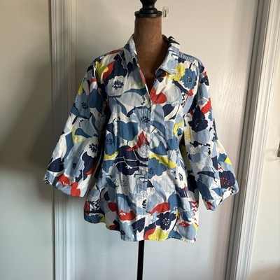 IB DIFFUSION Sz L Colorful Floral Cotton Blouse 3/4 Sleeve Balloon Sleeve Boho