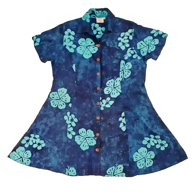 Young Fashion - Short Dress Long Top - Sz Large Flowing Blue Hawaiian  Button Up