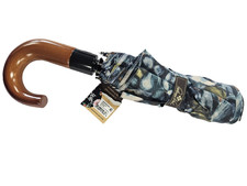 Patricia Nash Auto Open Close Umbrella Wood Handle Blue Clay Floral NWT