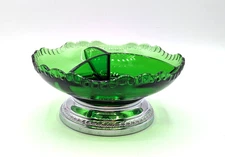Vtg Farber Bros Emerald Green Glass Pedestal Divided Candy Dish Krome Kraft 6.5"