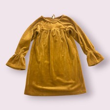 Tea Collection Velour Dress Girls 4 Yellow Solid Pleated Bell Sleeve Round Neck