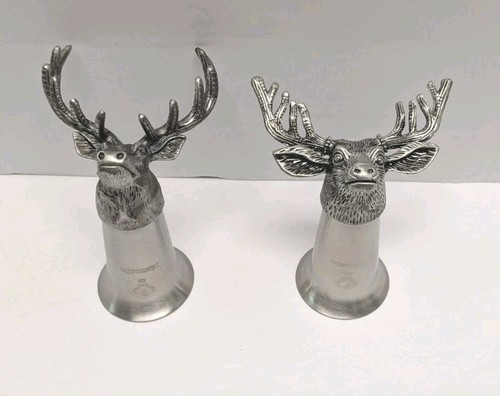 2 Jagermeister Stag Deer Head Pewter Stainless Shot Glasses Stirrup Cups 3.5"