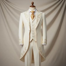 Ivory Wedding Tailcoat Suit Gold Embroidery Groom Formal 3 Piece