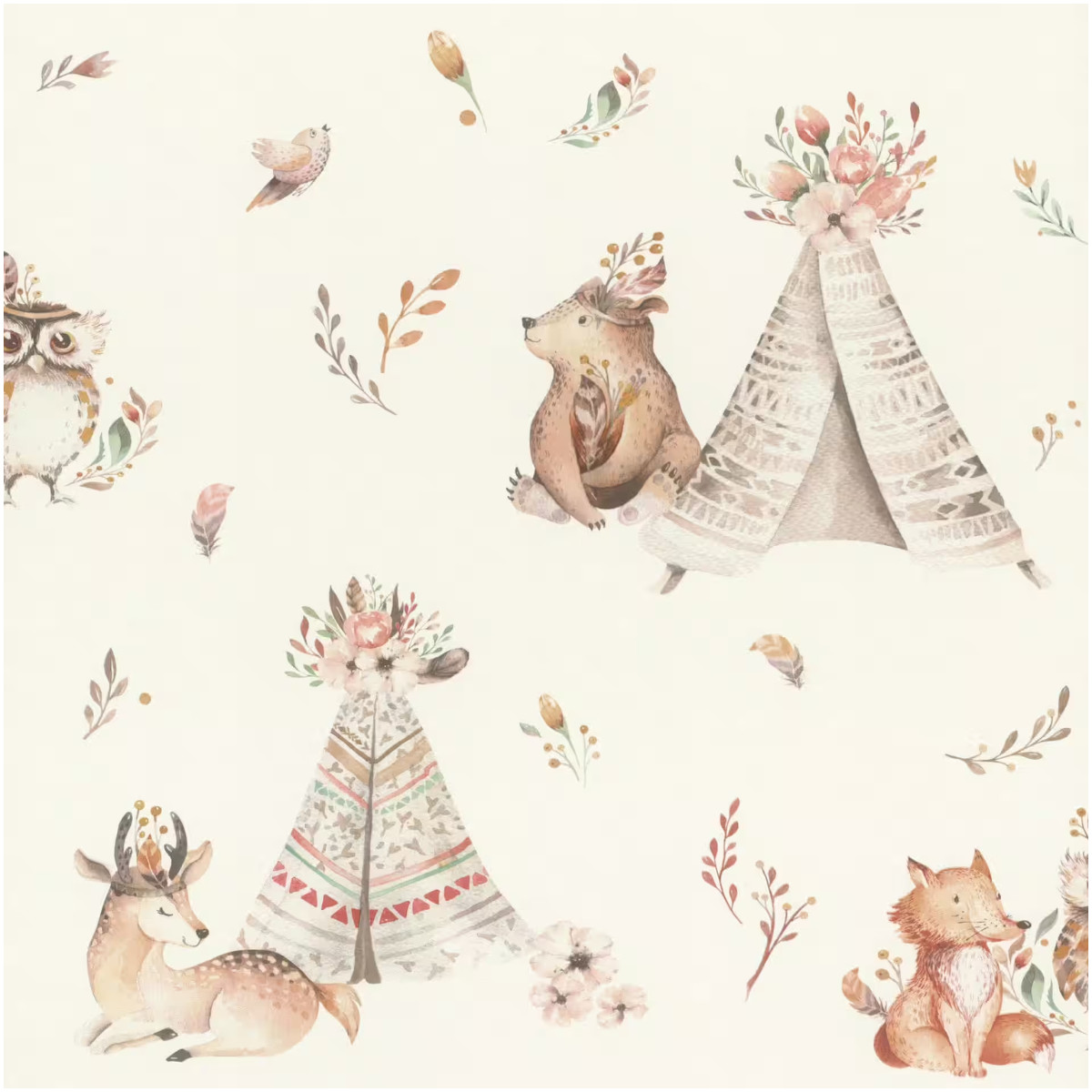 Kids Beige Wallpaper Animals Woodland Teepee Nursery Watercolour Boho