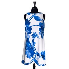Ralph Lauren Womens 10 White Blue Floral A-Line Dress Sleeveless Stretch Pleated