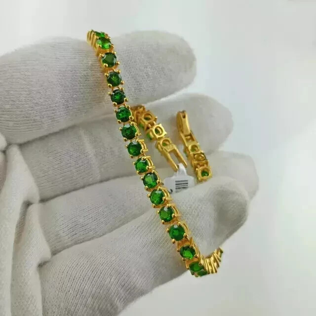 12ct Lab-Created Green Emerald 14K Gold Plated Women's Tennis Bracelet 7.5 Inch
