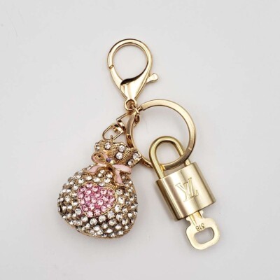 Authentic LV Gold Padlock & Key   Designer Bag Charm w/ Keychain