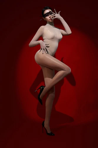 Rückenreißverschluss nahtlos Bodystocking Body transparent ölig glänzend Overall mit Handschuhen - Bild 28 von 69
