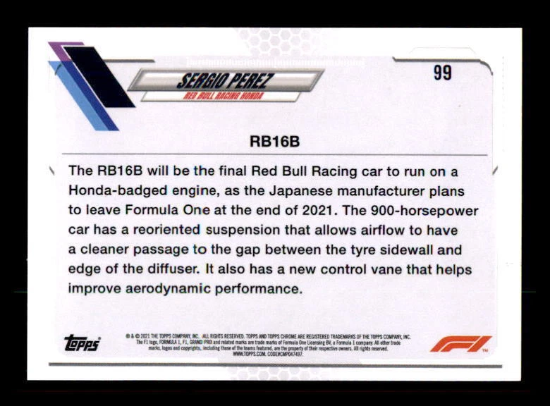 2021 Topps Chrome Formula 1 Black & White RayWave #99 Sergio Perez F1 Cars - Image 2 of 2