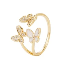 18K Gold Plated Open Ring, CZ pave Adjustable Butterfly Ring JWYS46