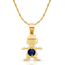 14K Yellow Gold Birthstone CZ Boy Charm Pendant  0.9mm Singapore Chain Necklace