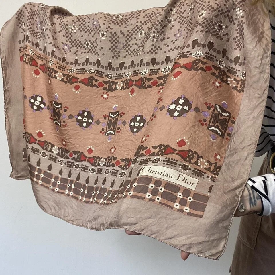 Écharpe en soie vintage Christian Dior rare designer motif marron