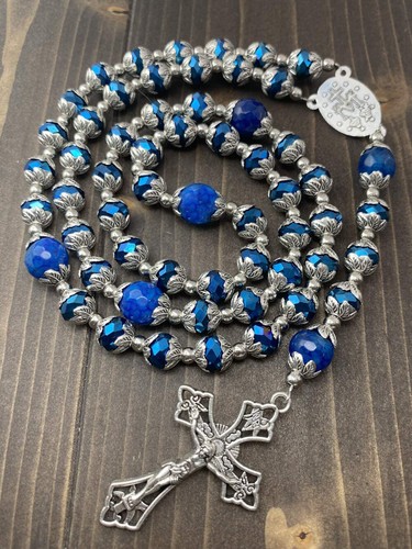 Deep Blue Crystal Beads Rosary Blue Agate Glory Stones Miraculous Medal & Cross - Picture 6 of 6