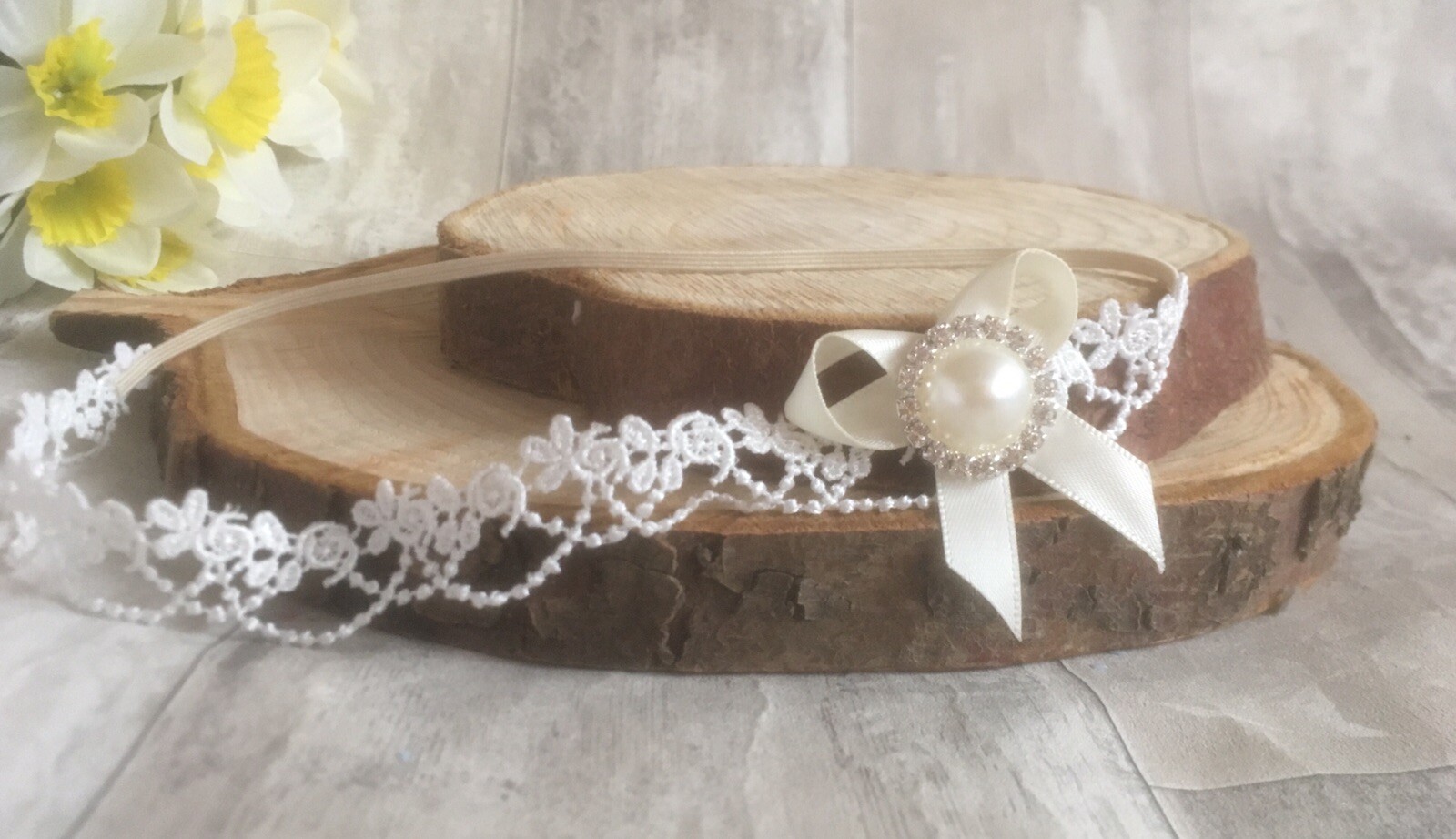 Baby Girl Ivory Christening Headband Baptism Wedding Lace Pearl