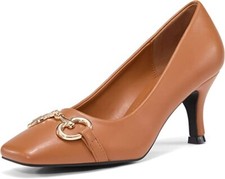 Women's Square Toe Pumps Slip on Kitten Heels Faux Leather Dress Shoes w/Buckle