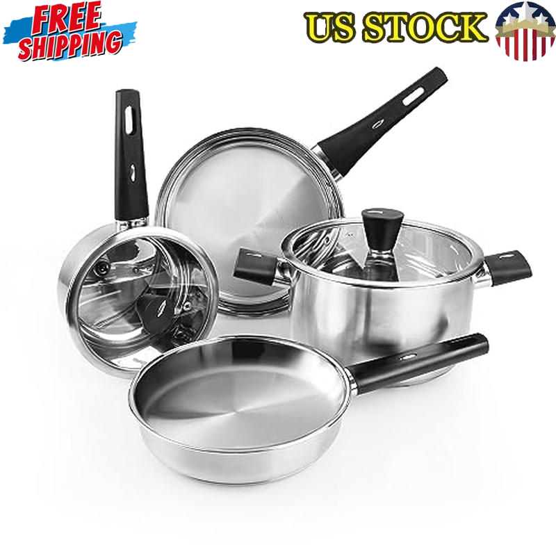 6PC Stainless Steel Pots and Pans Kitchen Cookware Set with Stay-Cool Handles US
