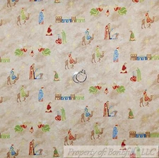 BonEful Fabric FQ Cotton Quilt VTG Brown Gold Metallic Manger Scene Angel S Star